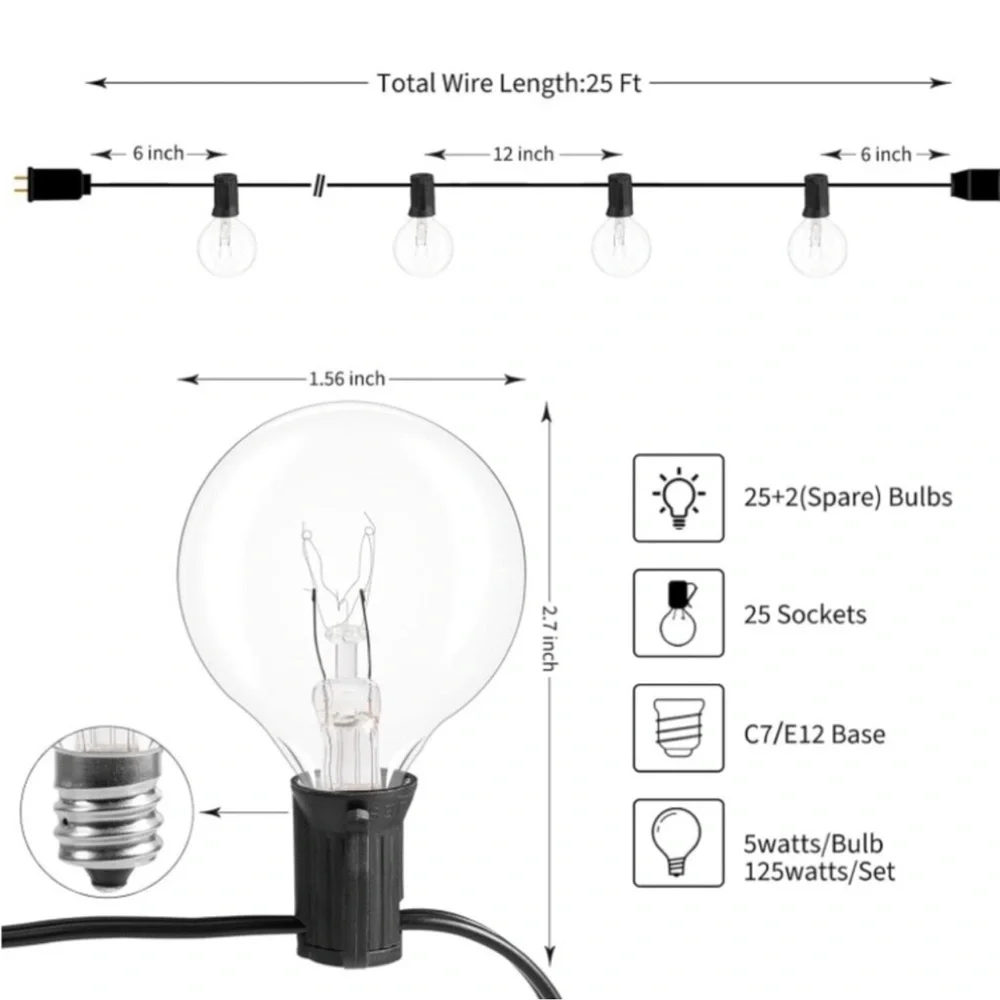 NWT💡 25’ CLEAR WATERPROOF IN/OUTDOOR PARTY PATIO POOL DECK CAMP LIGHT STRING